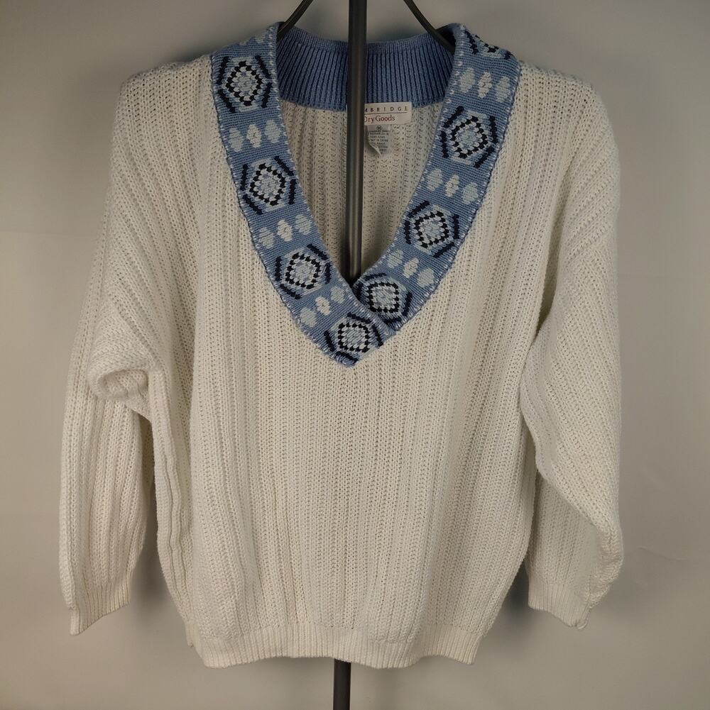 VTG Cambridge Dry Goods Sweater M Cream Ribbed V-Neck Blue Geometric Ramie